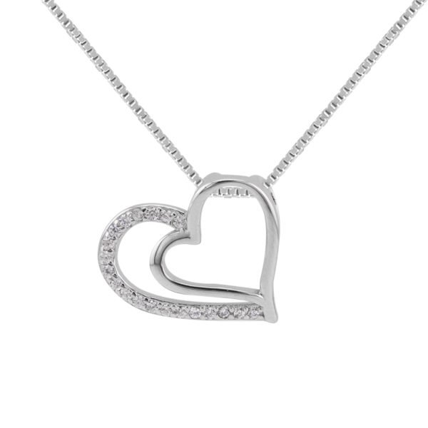 Double Heart Pendant with CZ 925 Sterling Silver Chain Necklace