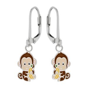 Monkey Holding Banana 925 Silver Leverback Earrings